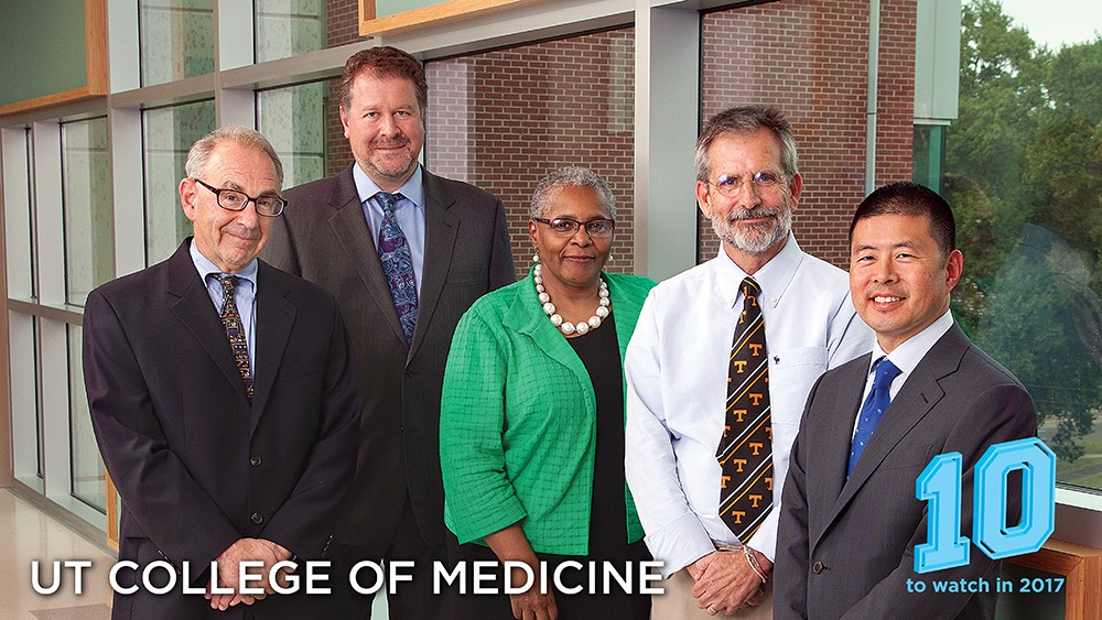 The College of Medicine at UTHSC was recognized by the Greater Memphis Chamber among the “10 to Watch” in 2017. From left, David Stern, MD, is pictured with Andrei Alexandrov, MD, who spearheads the Mobile Stroke Unit; Altha Stewart, MD, director of the Center for Health in Justice Involve Youth; Daniel Sumrok, MD, director of the Center for Addiction Science; and David Shibata, MD, chair of the Department of Surgery. 