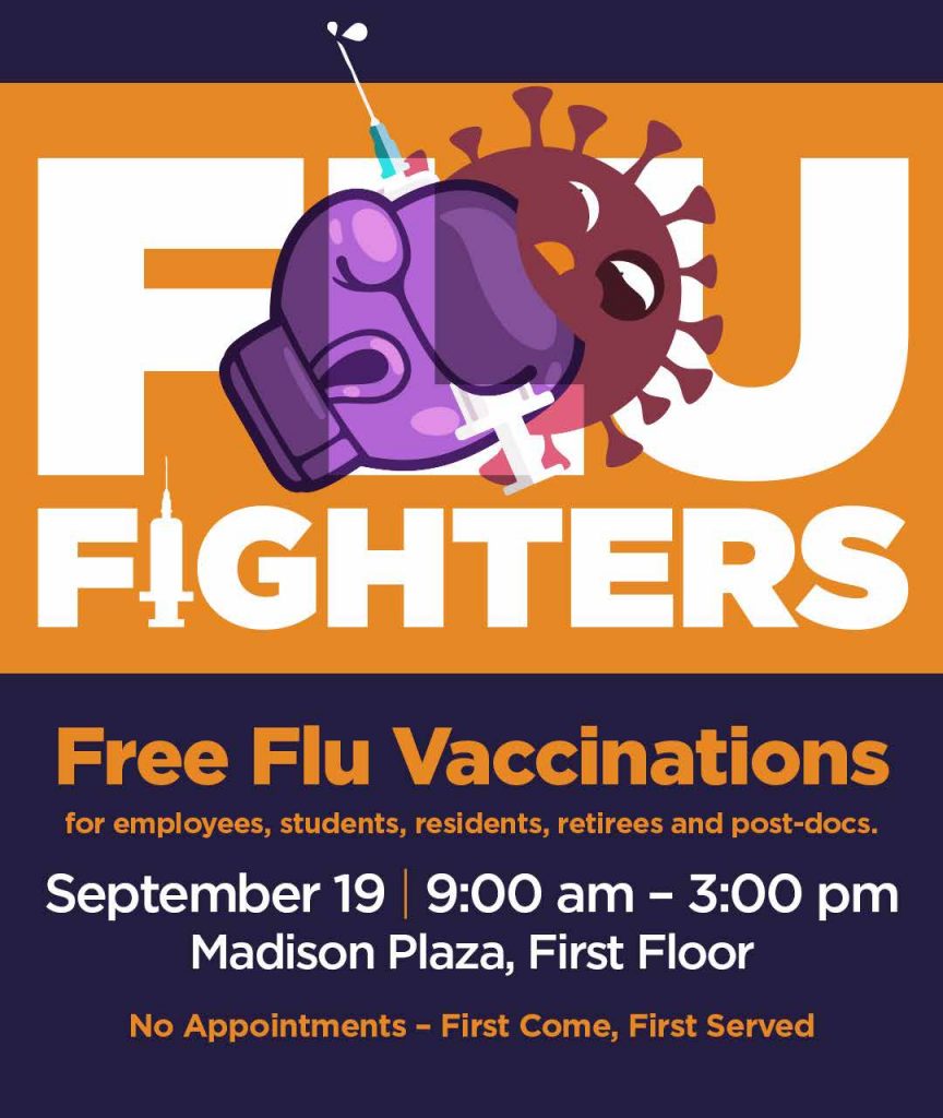 Flu Fighters ad with a boxing glove holding a syringe punching a flu virus, plus details about last year's event.