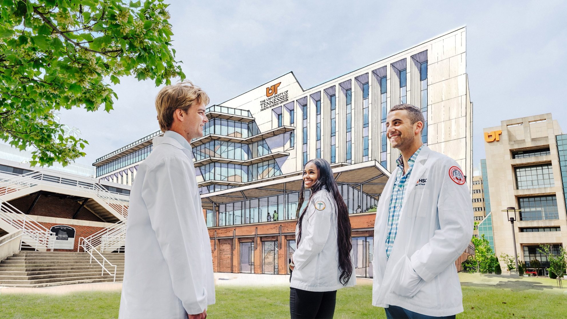 College of Medicine students stand in front of the future site of the College of Medicine Interdisciplinary Building, with a rendering of the building in the background.