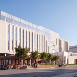 Rendering of the College of Medicine Interdisciplinary Building facing southwest from the corner of Madison and Dudley.