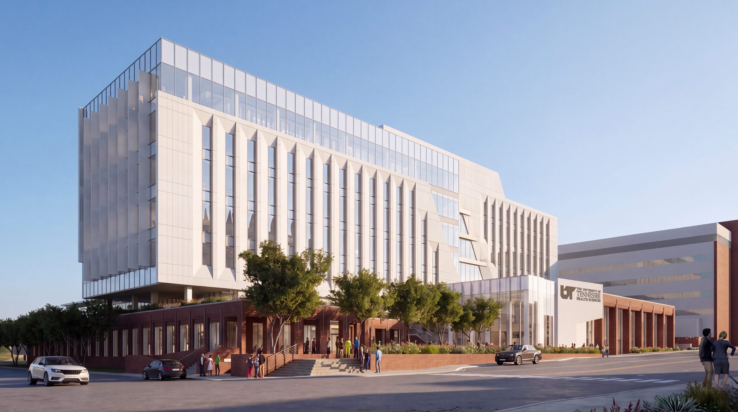 A rendering of the College of Medicine Interdisciplinary Building facing southwest from the corner of Madison and Dudley.